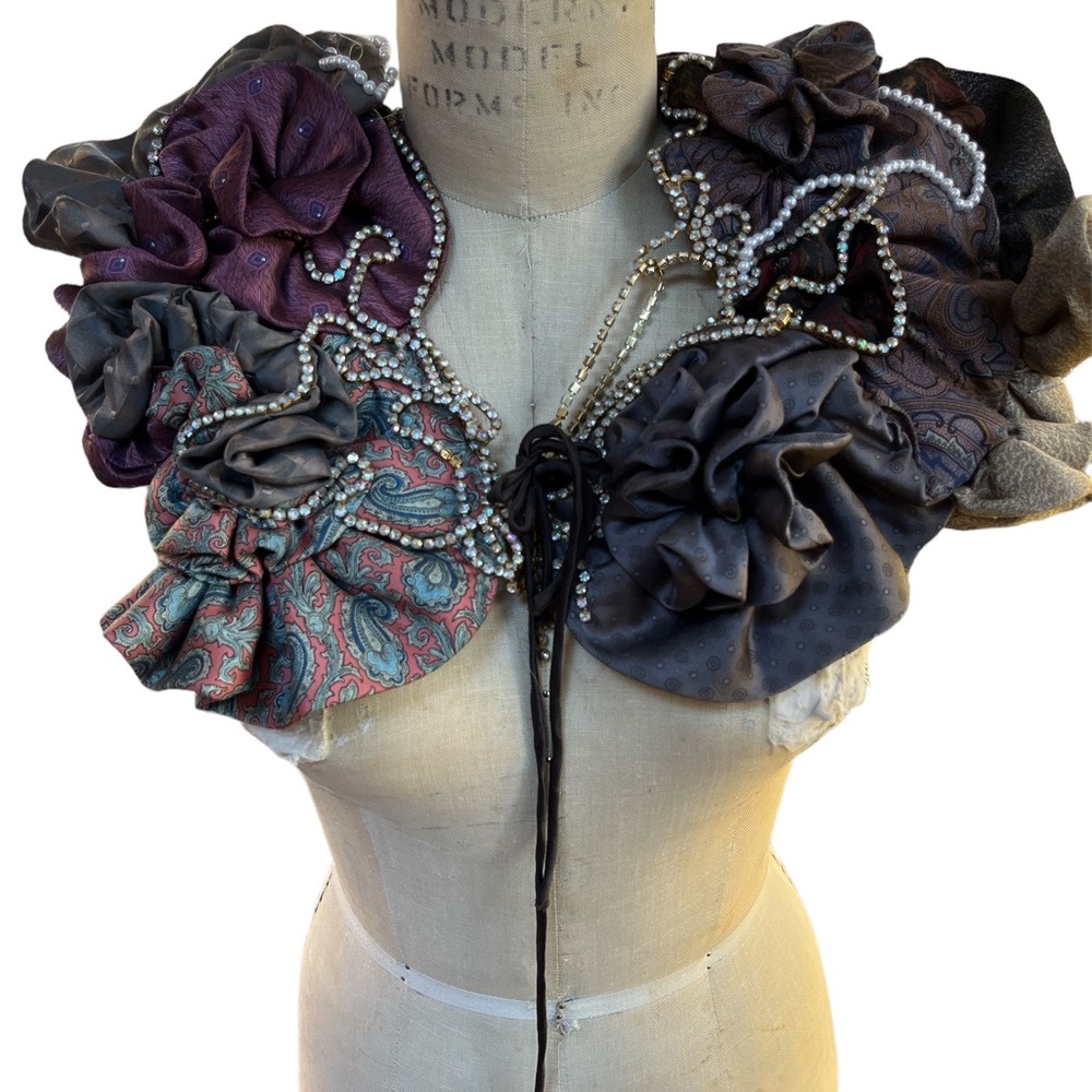 Hand made deadstock shoulder covering. With rhinestones and vintage ties